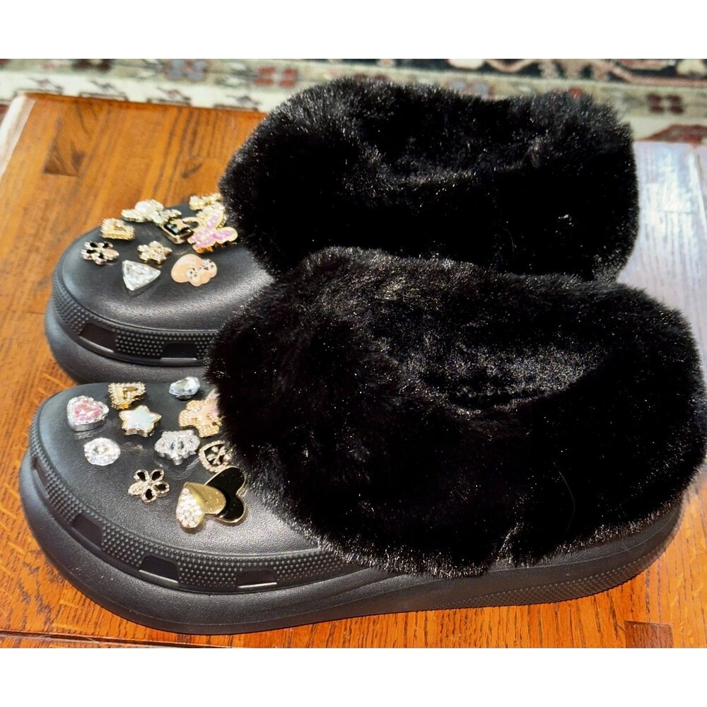 Bling Fur Crocs embellished jibbitz Platform Clog In Black W10